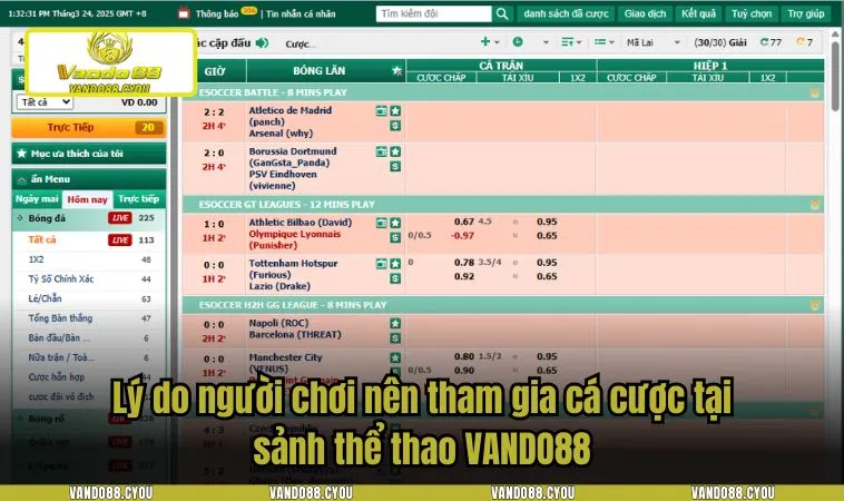 Lý do người chơi nên tham gia cá cược tại sảnh thể thao VANDO88